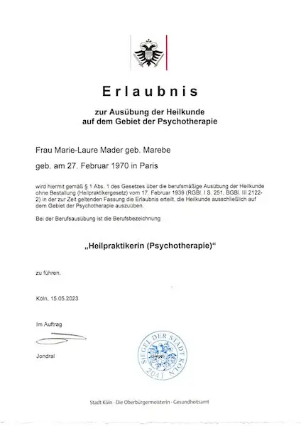 Erlaubnis zur Ausübung der Heilkunde auf dem Gebiet der Psychotherapie, Berufsbezeichnung Heilpraktikerin (Psychotherapie)
