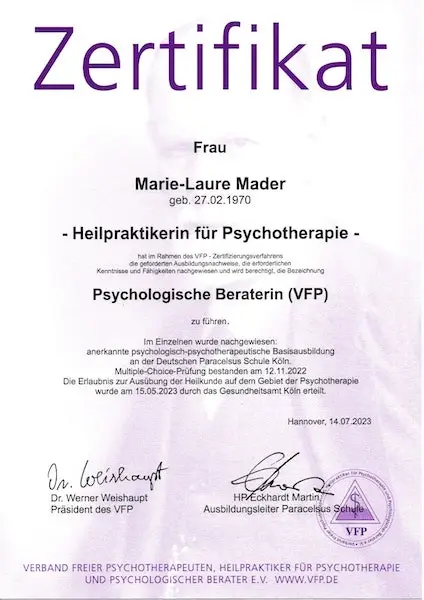 Zertifikat Verband freier Psychotherapeuten, Heilpraktiker für Psychotherapie und Psychologischer Berater e.V.: Psychologiesche Beraterin (VFP)