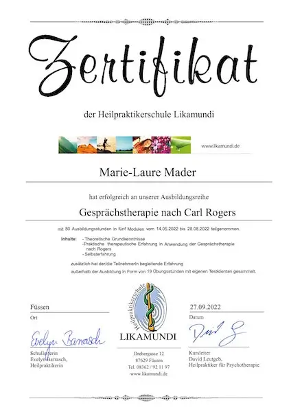 Zertifikat der Heilpraktikerschule Likamundi für Gesprächstherapie nach Carl Rogers