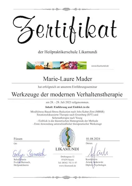 Zertifikat der Heilpraktikerschule Likamundi: Werkzeuge der modernen Verhaltenstherapie
