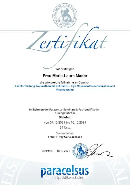 Zertifikat Paracelsus Heilpraktikerschulen: Fachfortbildung Traumatherapie mit EMDR - Eye Movement Desensitization und Repocessing