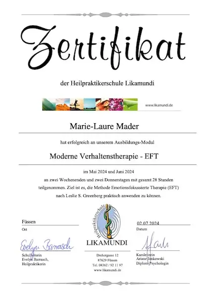 Zertifikat der Heilpraktikerschule Likamundi: Moderne Verhaltenstherapie - EFT