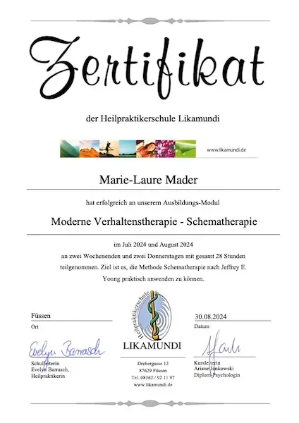 Zertifikat der Heilpraktikerschule Likamundi: Moderne Verhaltenstherapie - Schematherapie