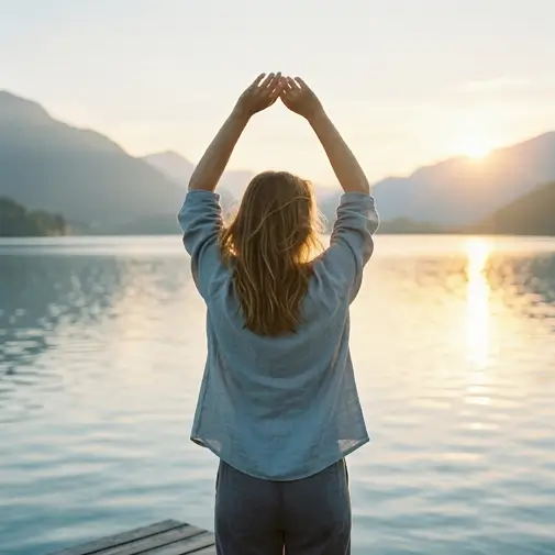 Eine Frau steht am See und streckt sich, sodass sie ihren Körper fühlt (KI generiert)