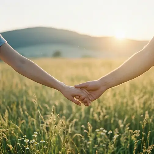 Eine Frau und ein Mann halten ihre Hände in der Natur. Im Hintergrund ein Feld mit einem Hügel bei Sonnenaufgang. (KI generiert)