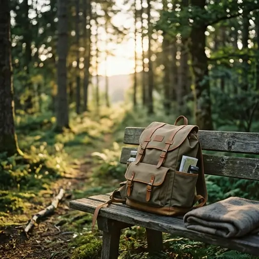 Ein Rucksack auf einer Bank im Wald. Im Hintergrund geht hinter einem Hügel die Sonne auf. (KI generiert)