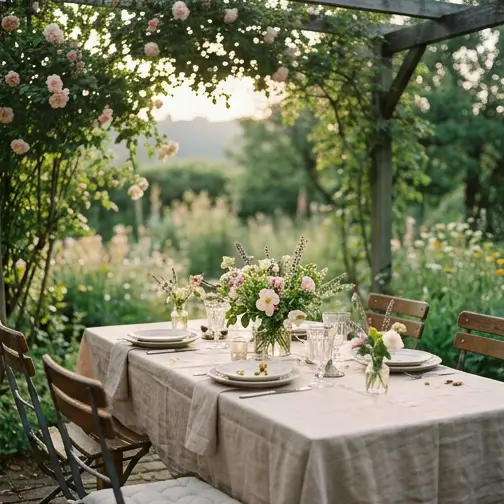 Ein Tisch ist in einem romantischen Garten für eine Feier gedeckt. (KI generiert)